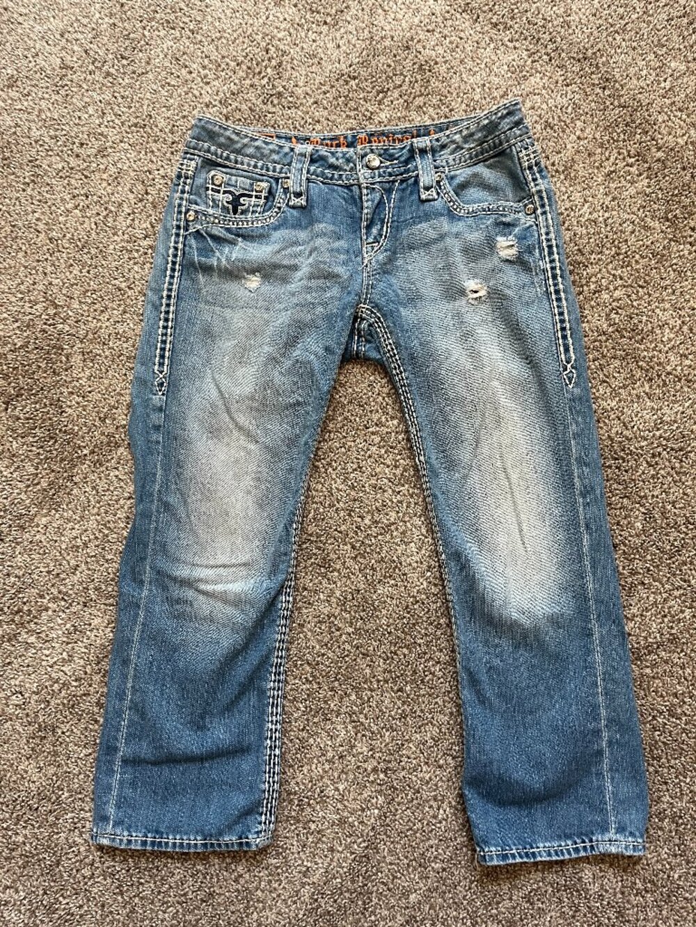 Rock Revival Y2K Denim Capris Ultra Low Rise McBling Bedazzled Pockets Size 27